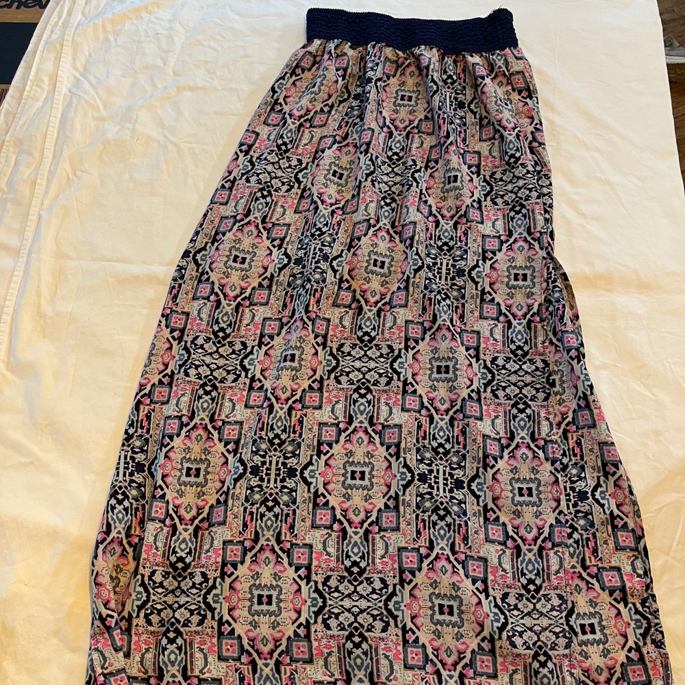 Ultra Flirt Maxi Skirt 2 Front Slit, Colorful Geometric Print, Bohemian Style L